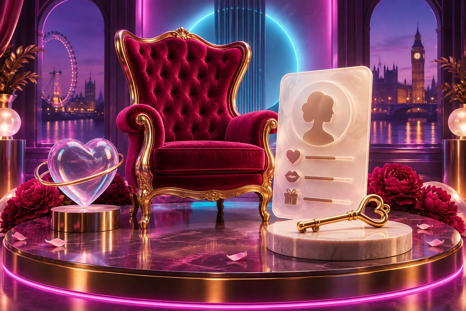 Raspberry velvet throne beside a glossy findom dating profile card