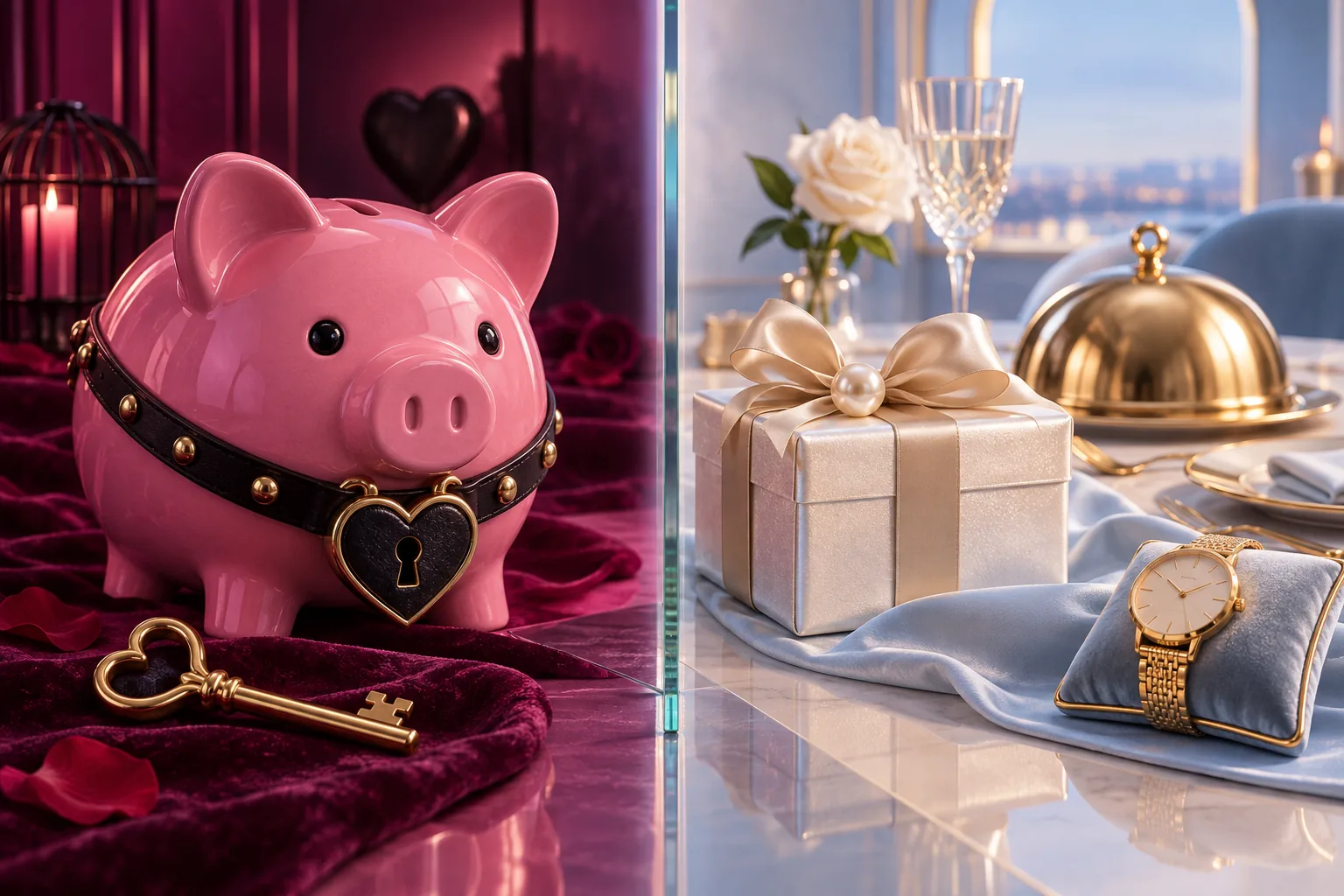Split scene comparing a pay pig symbol with a luxury gift and watch