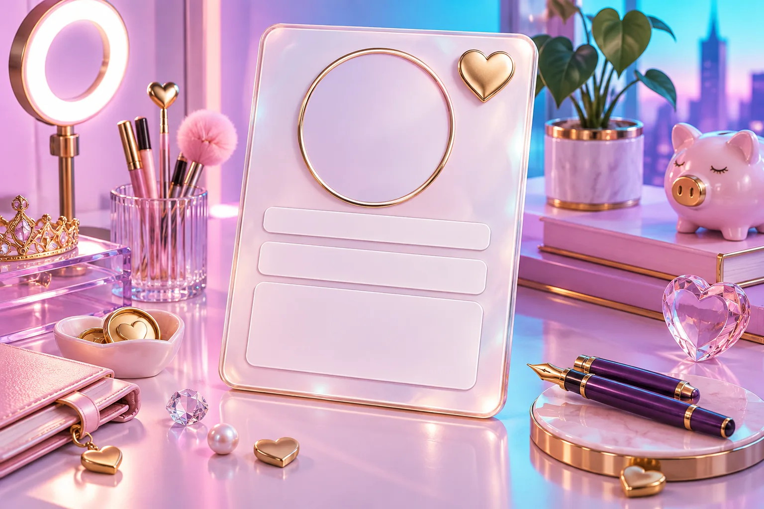 Blank glossy dating profile card with pen, ring light and heart details