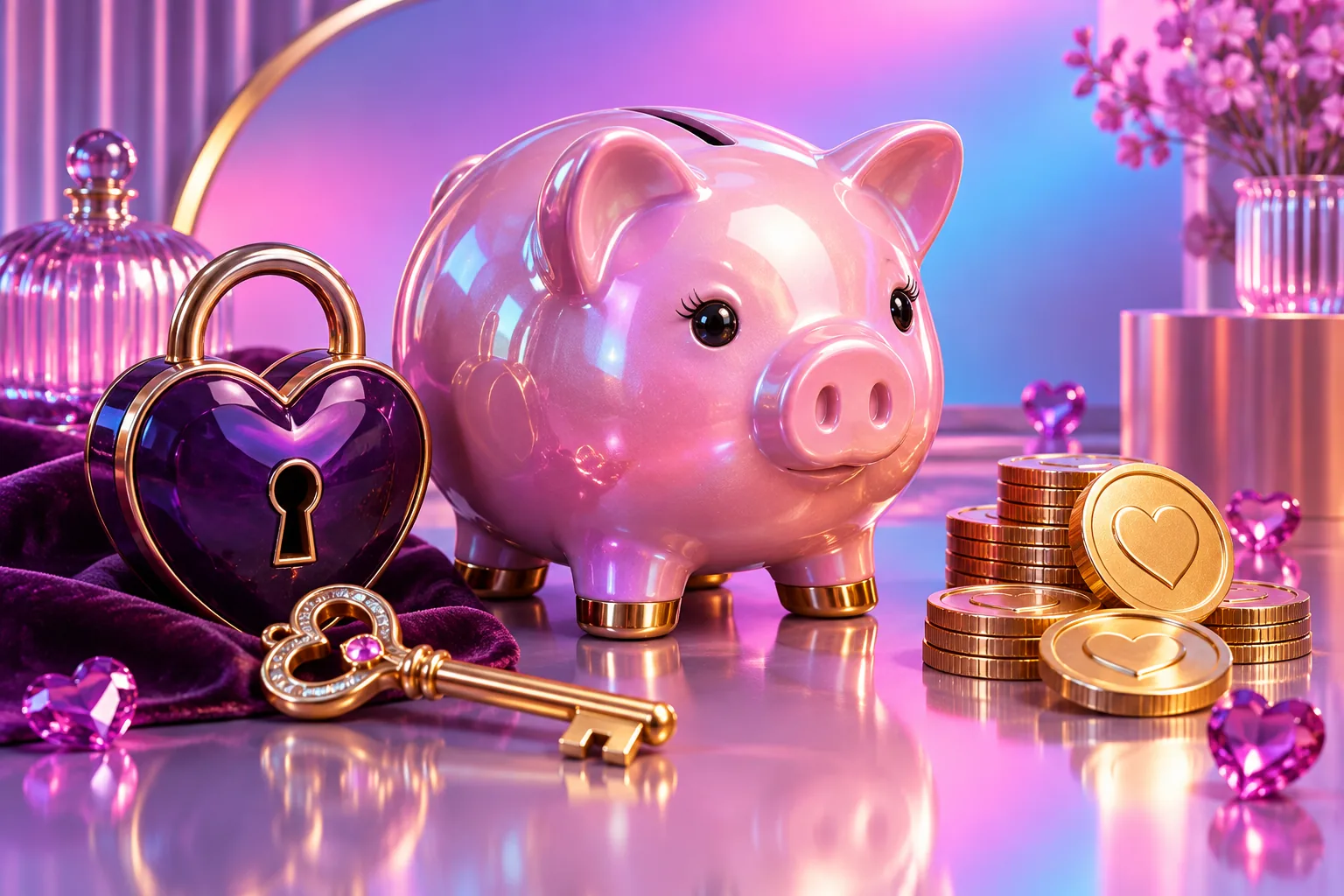 Glossy pink piggy bank beside a heart lock, gold key and tribute tokens